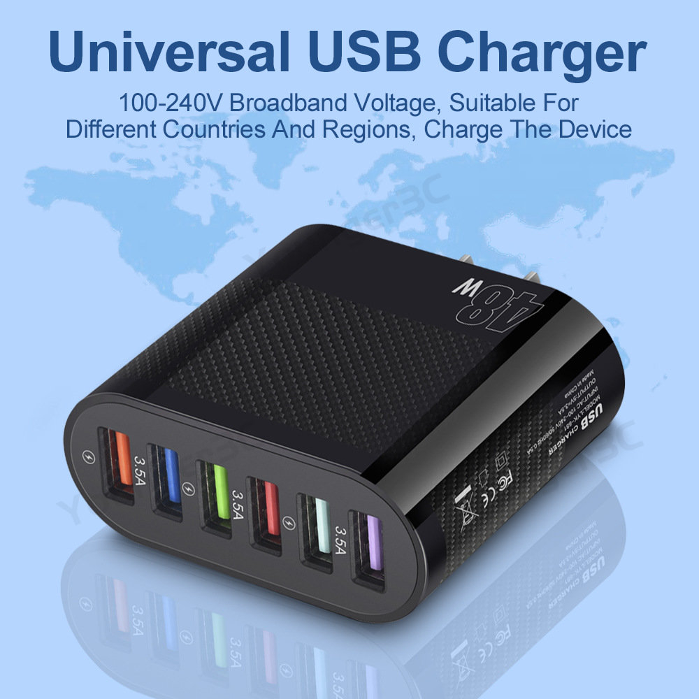 48w 6port USB Fast Charging Charger 6in1 USB Charging Adapter Multi Antarmuka Fast Charging Adoptor Charger Untuk Tipe C Micro