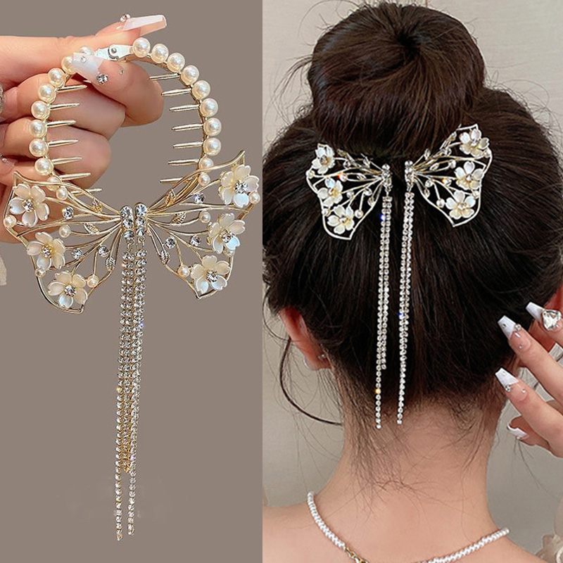 Camellia Busur Berlian Imitasi Mutiara Rumbai Kepala Bola High-End Hair Clip