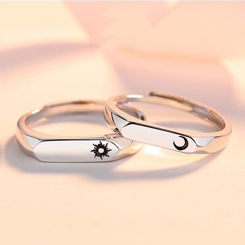 2pcs Cincin Pasangan Model Terbuka Desain Matahari Bulan Untuk Hadiah Valentine