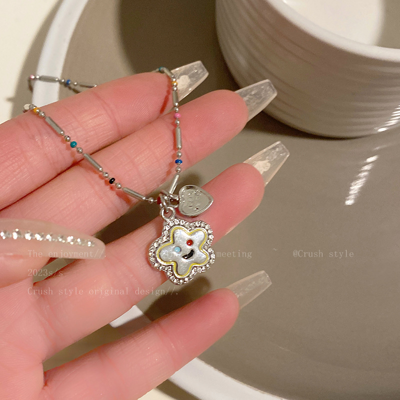 S925 Kalung Silver Dengan Bentuk Wajah Bunga Matahari Smiley Face Warna-Warni Gaya Korea Fashion Untuk Wanita