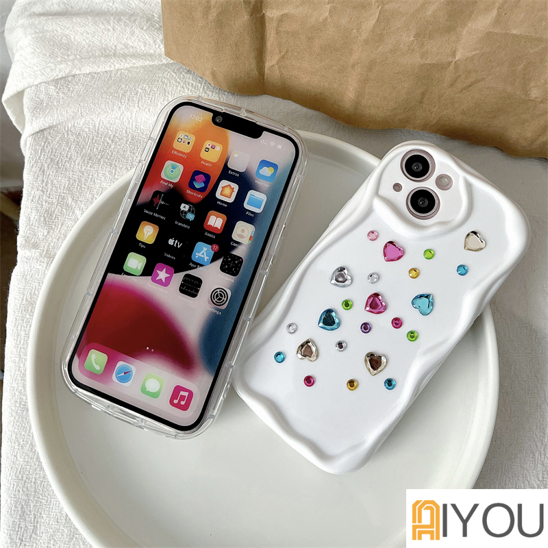 IPHONE Casing Ponsel DIY 3D Untuk Iphone11 14 13 12 Pro MAX Mini 6s 7 8 Plus 13Pro X XR XS MAX Se2020 14Plus Case Silikon Lembut Bling Pelindung Warna Permen Shockproof Wave Straight Cover