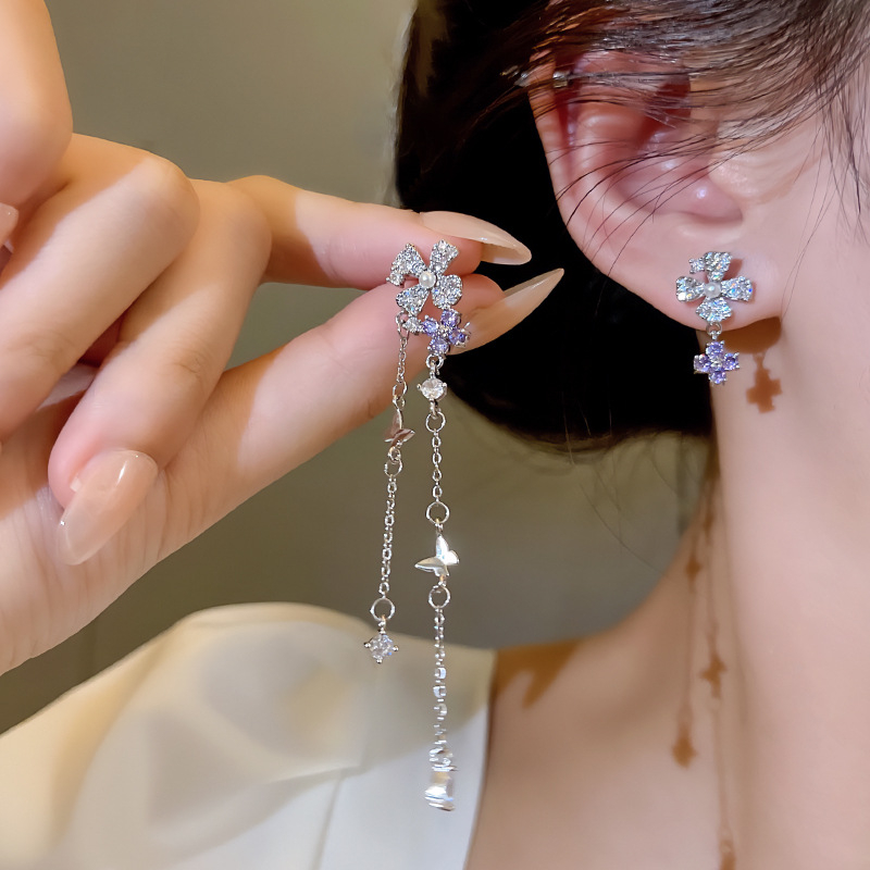 Anting Bunga Jarum Perak925 Kristal Rumbai Menjuntai Stud Aksesoris Perhiasan Wanita Fashion Edisi Korea