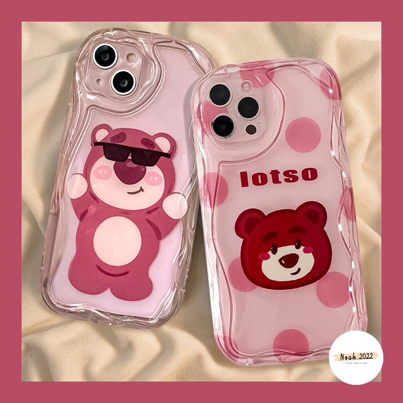 IPHONE Rose Red Kartun Imut Strawberry Bear Manyo Case Kompatibel Untuk Iphone7 8 6s 6 Plus11 12 13 14 Pro Max XR X XS Max SE 2020 3D Wavy Curved Edge Glossy Shockproof Soft Cover