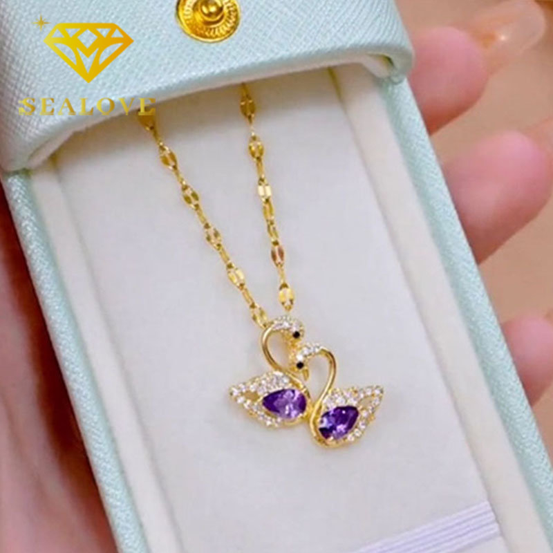 Kalung Titanium Swan Angsa Kristal Ungu Berlian Emas 18K Anti Karat Mewah Elegan Korea Aksesoris Wanita Perhiasan