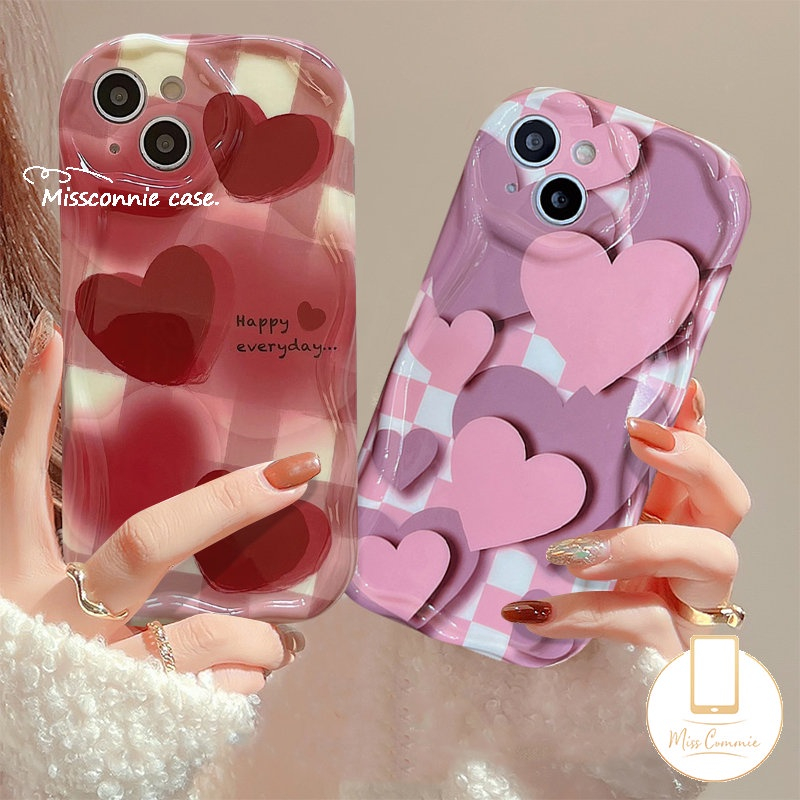 Casing Ponsel Cinta Hati Gradasi Pink Kompatibel Untuk IPhone 14xr 7Plus 11 12 13 Pro Max X 7 8 6s 6 Plus XS Max SE 2020 3D Wavy Curved Edge Glossy Shockproof Cover Soft Shell