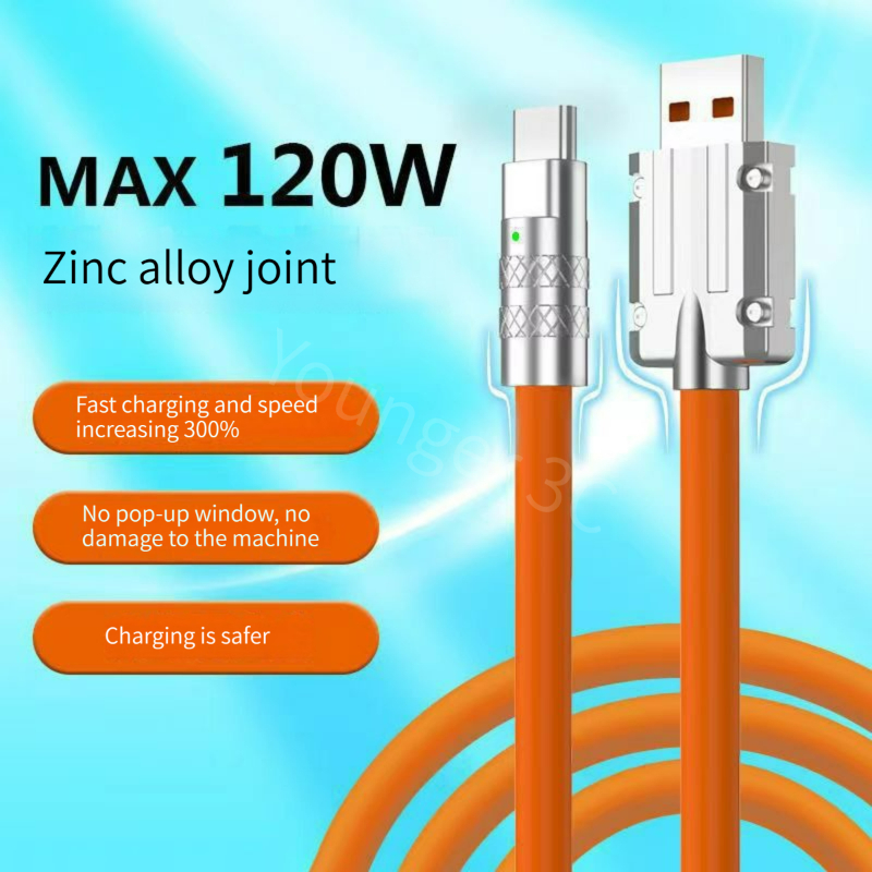 120w Kabel Pengisian Cepat Transparan Cairan Zinc Alloy Tipe C Cable Charger USB 6A Kabel Data Lampu Indikator