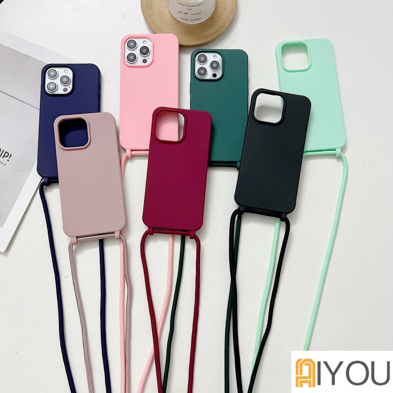 Softcase Slingcase Tali Lanyard Case Untuk iphone 14 Pro Max 13 Pro Max Pure Colours Strap Case 12 11 Pro Max 6Plus i78 Plus XSMax Se20