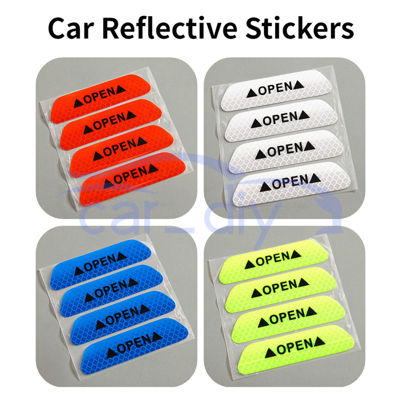 4pcs/lot Stiker Reflektif Pintu Mobil Peringatan Keselamatan Anti-Tabrakan Strip Tips Terbuka Kreatif DIY Tape Decal Auto SUV Aksesoris Truk Dekorasi