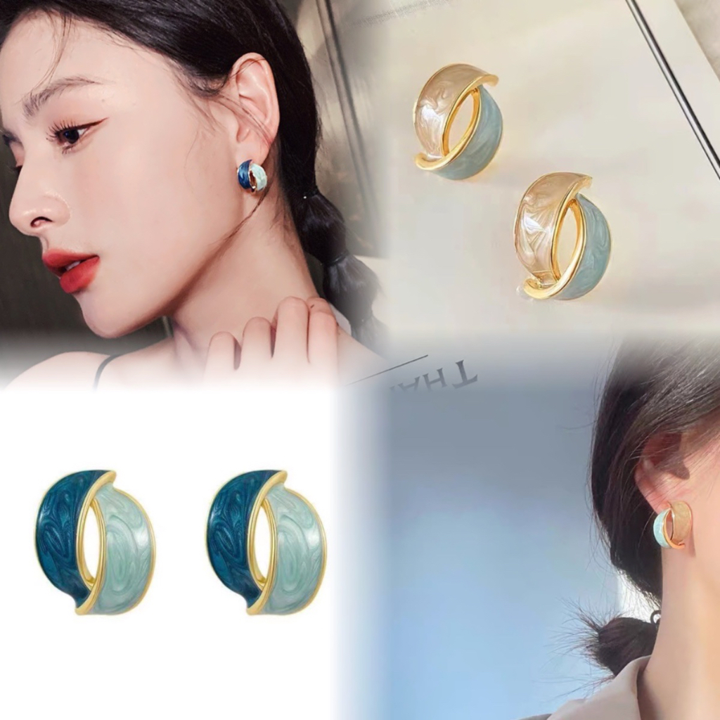 Anting Tusuk Gantung Desain Geometri Asimetris hollow Warna Kontras Gaya Korea Untuk Wanita