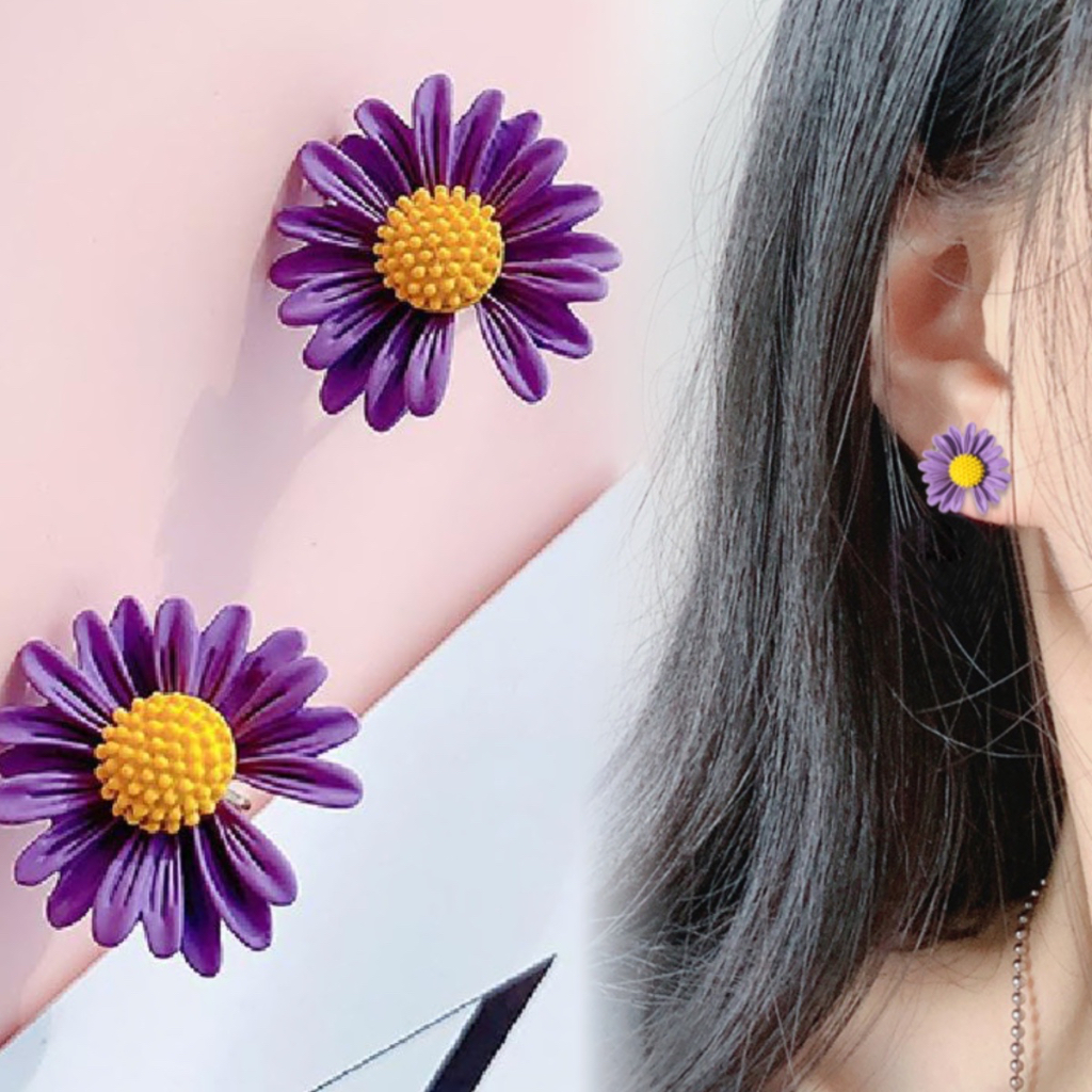 Anting S925 silver needle anti Alergi Desain Bunga smile face Warna Ungu violet