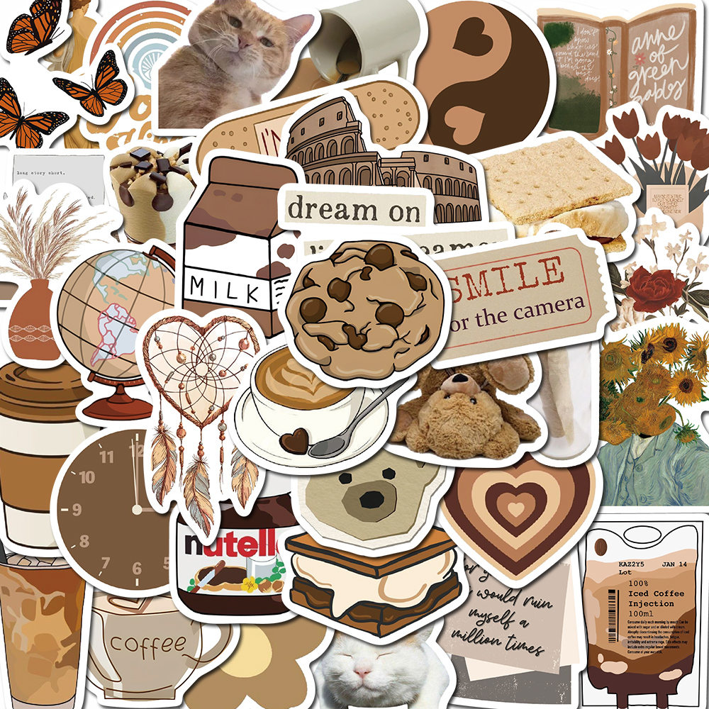 [in Stock] 60pcs brown aesthetic art Stiker Hias Laptop Telepon Cangkir Air Stiker Tahan Air