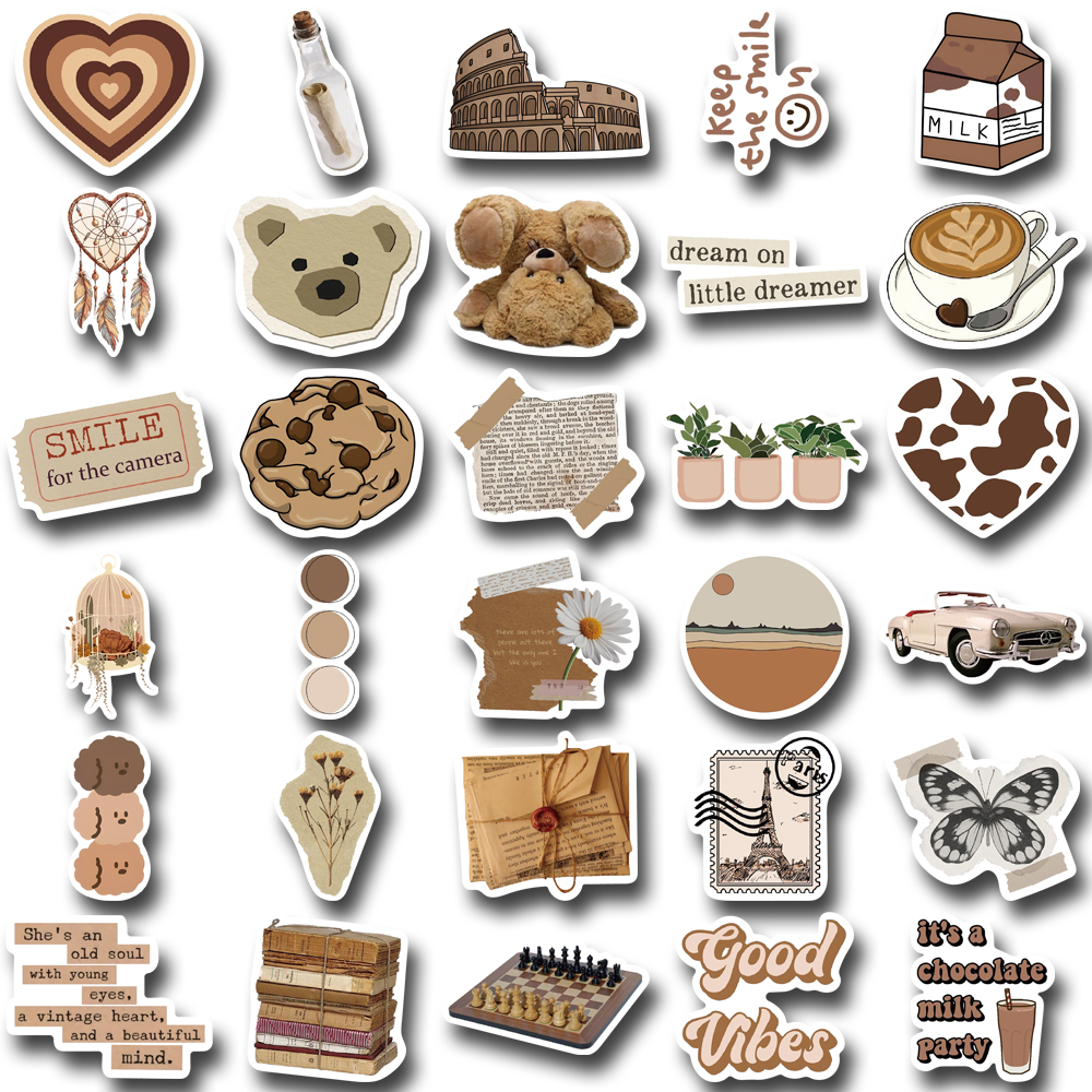 [in Stock] 60pcs brown aesthetic art Stiker Hias Laptop Telepon Cangkir Air Stiker Tahan Air