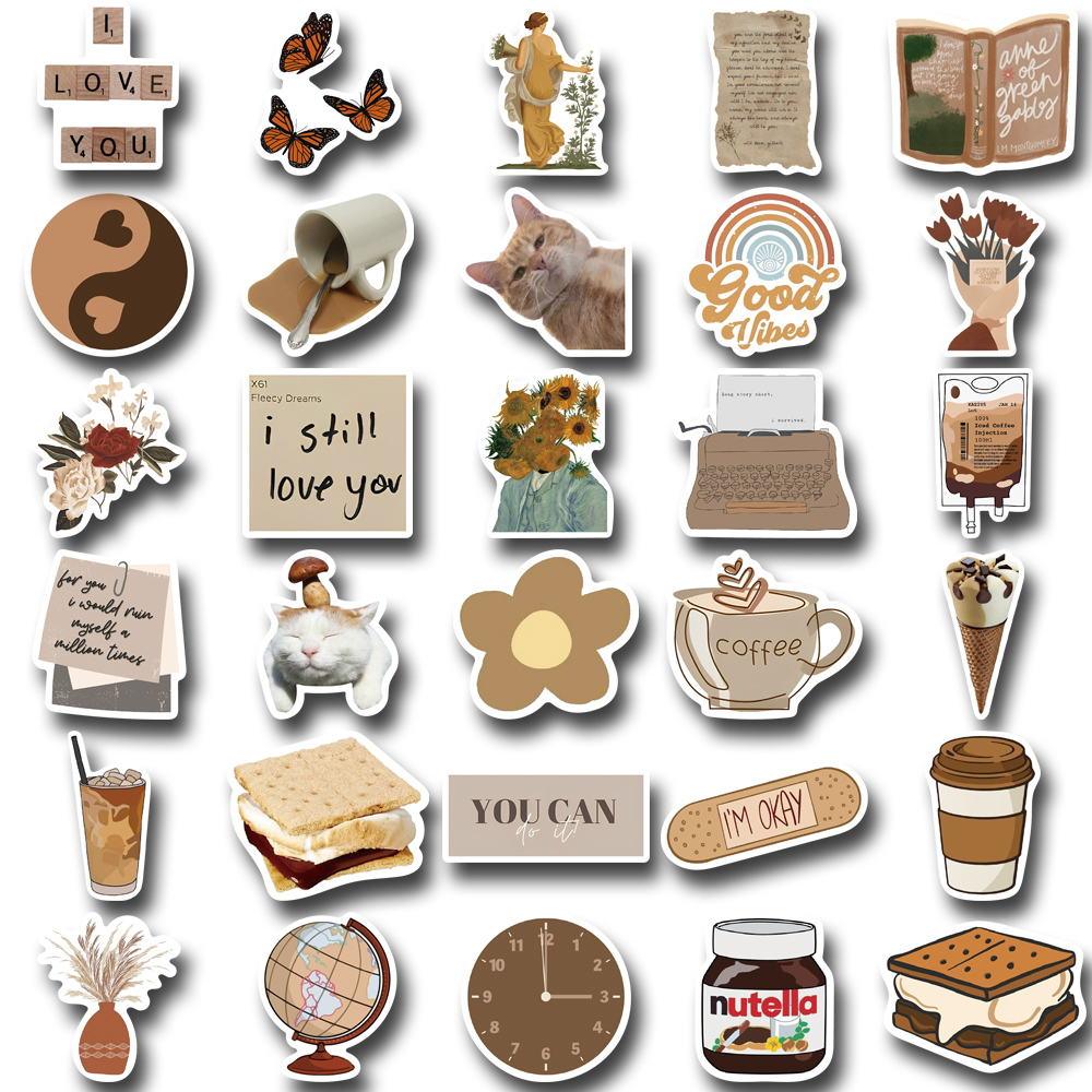 [in Stock] 60pcs brown aesthetic art Stiker Hias Laptop Telepon Cangkir Air Stiker Tahan Air