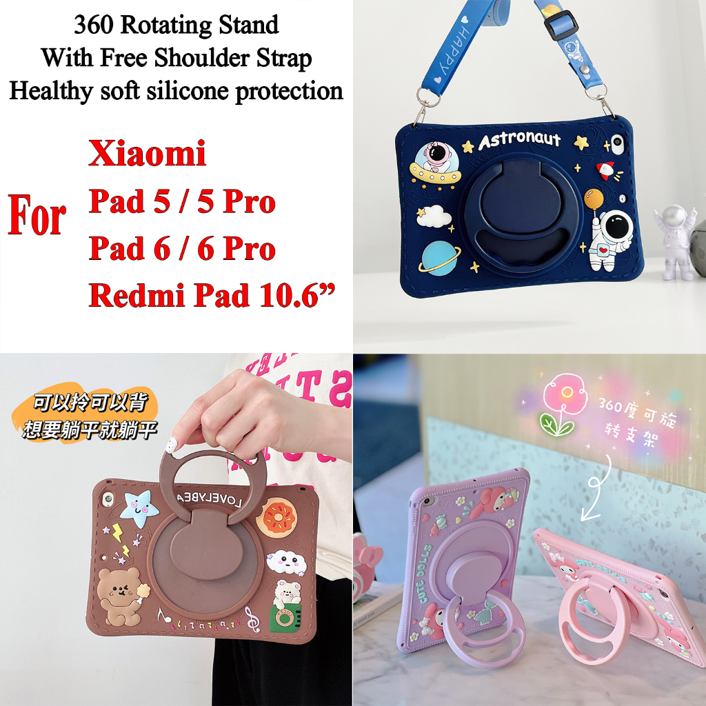 Untuk Xiaomi Pad6 (2023) 11.0&quot; Mi Pad6 Pad5 Pro Redmi Pad 10.6&quot; VHU4254IN Fashion Lucu 3D Motif Kartun Casing Silikon Lembut360° Case Pelindung Tablet Stand Cincin Berputar