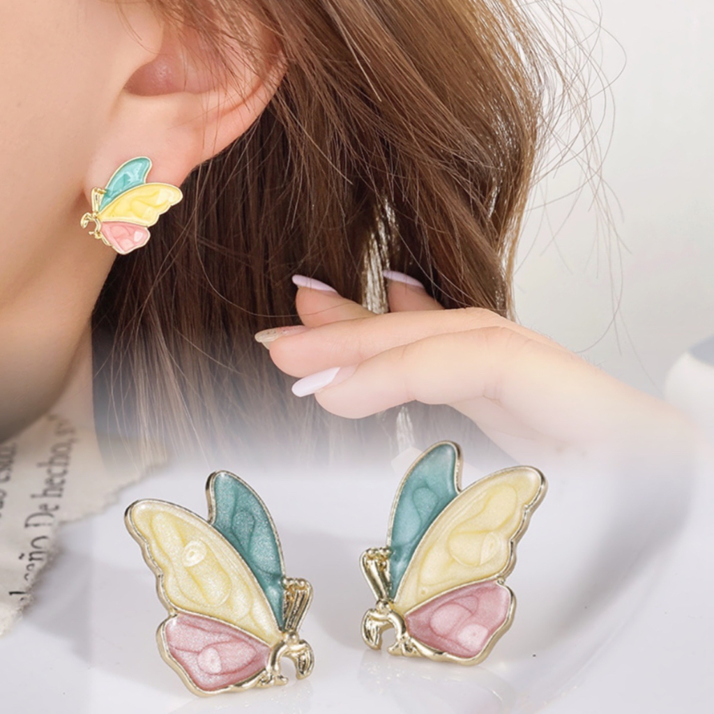 Anting stud Bentuk Kupu-Kupu Warna-Warni Bahan S925 Gaya Korea