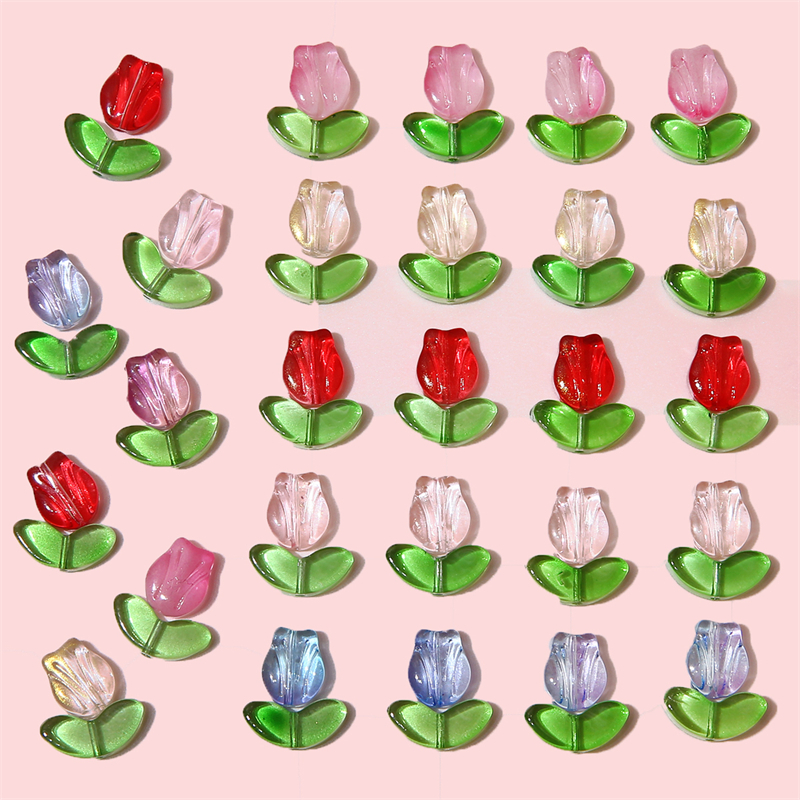 10/20biji Manik-Manik Kaca Pencahayaan Berbentuk Tulip Multi-Warna Transparan Manik-Manik Kristal Czech Membuat Perhiasan DIY Pesona Gelang Aksesoris