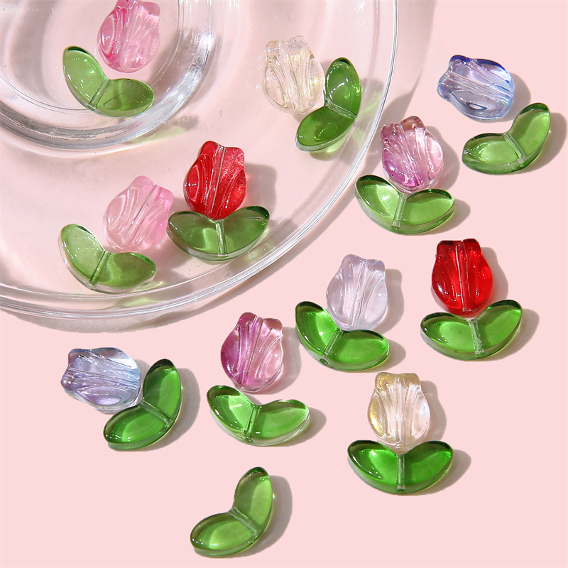 10/20biji Manik-Manik Kaca Pencahayaan Berbentuk Tulip Multi-Warna Transparan Manik-Manik Kristal Czech Membuat Perhiasan DIY Pesona Gelang Aksesoris