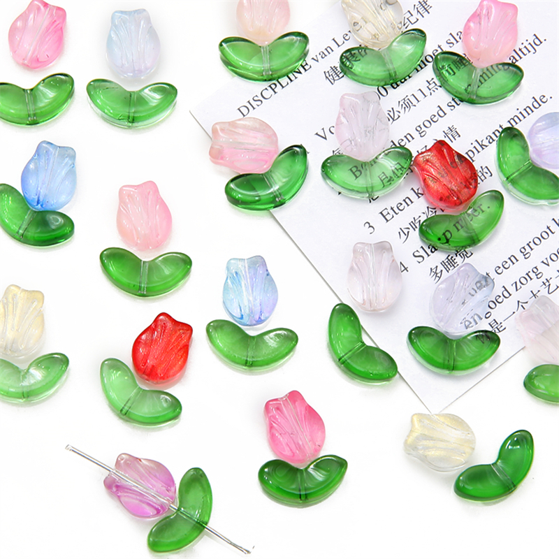 10/20biji Manik-Manik Kaca Pencahayaan Berbentuk Tulip Multi-Warna Transparan Manik-Manik Kristal Czech Membuat Perhiasan DIY Pesona Gelang Aksesoris