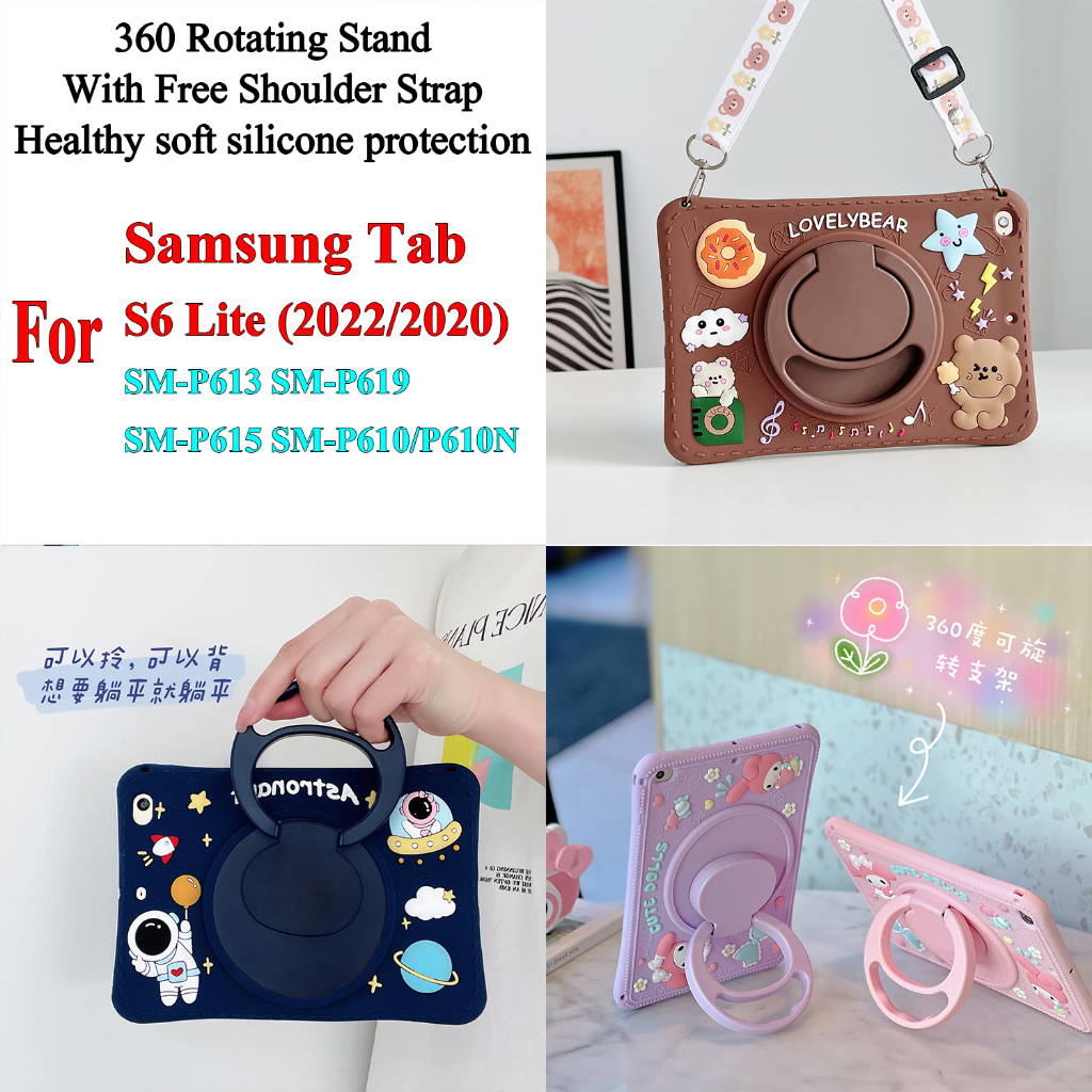 Untuk Samsung Galaxy Tab S6 Lite 2022 2020 10.4&quot; SM-P613 SM-P619 SM-P610N SM-P615 SM-P610 Fashion Lucu 3D Kartun Casing Silikon Lembut360° Case Pelindung Tablet Stand Cincin Berputar