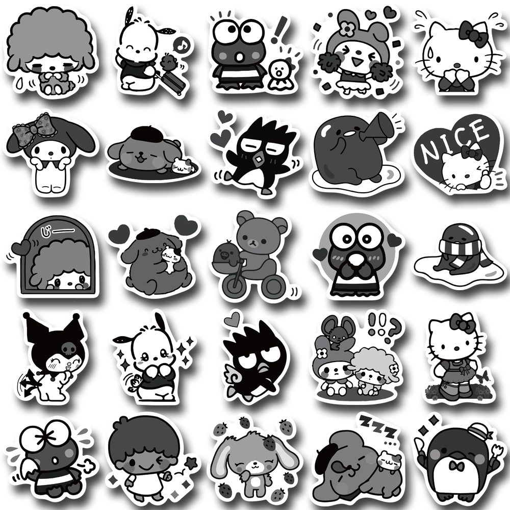 [in Stock] 50pcs Sanrio Hitam Dan Putih Campur Kartun Stiker Kasus Ponsel Komputer Cangkir Air Tahan Air Stiker