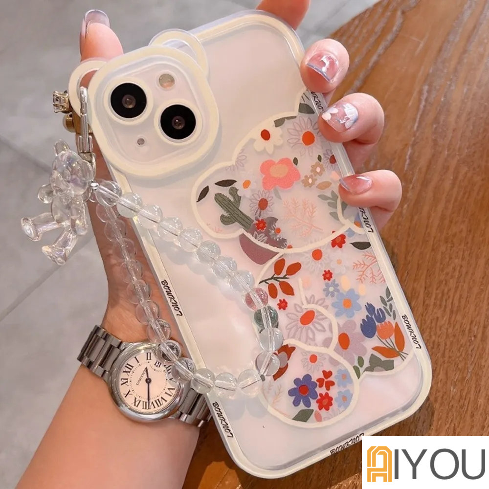 IPHONE Kartun Lucu 3D Beruang Gelang Lembut Silikon Ponsel Case Untuk Iphone13 12 11 14 Pro Max XR X XS 6 7 8 Plus SE Mini flower Cover