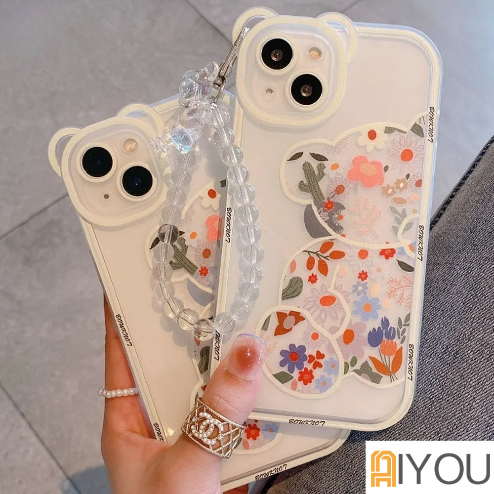 IPHONE Kartun Lucu 3D Beruang Gelang Lembut Silikon Ponsel Case Untuk Iphone13 12 11 14 Pro Max XR X XS 6 7 8 Plus SE Mini flower Cover