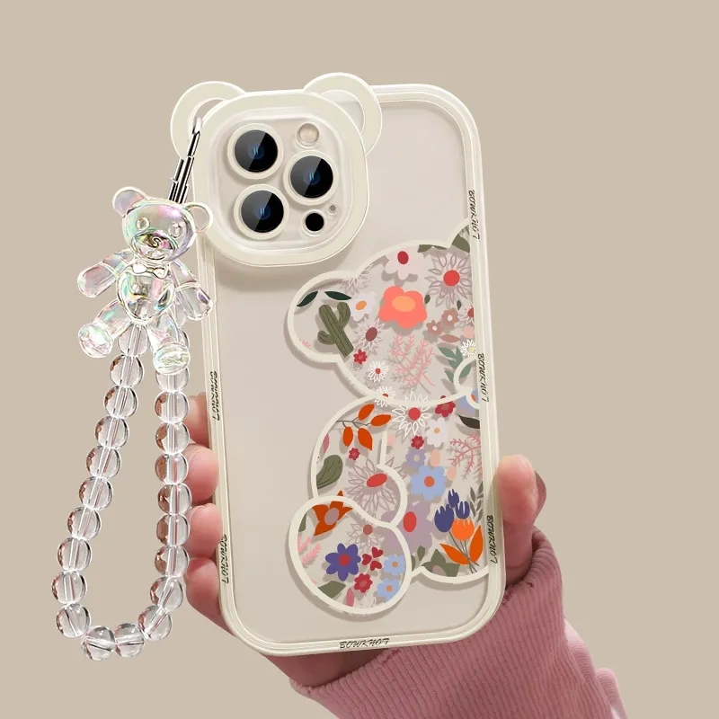 IPHONE Kartun Lucu 3D Beruang Gelang Lembut Silikon Ponsel Case Untuk Iphone13 12 11 14 Pro Max XR X XS 6 7 8 Plus SE Mini flower Cover