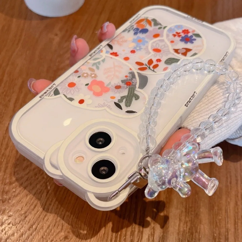 IPHONE Kartun Lucu 3D Beruang Gelang Lembut Silikon Ponsel Case Untuk Iphone13 12 11 14 Pro Max XR X XS 6 7 8 Plus SE Mini flower Cover