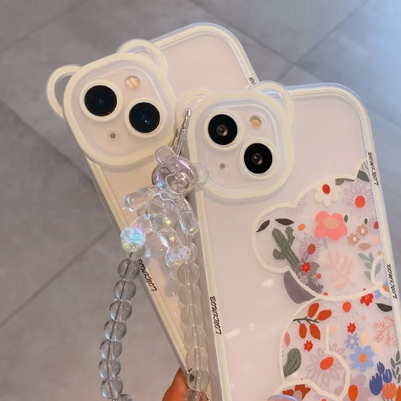 IPHONE Kartun Lucu 3D Beruang Gelang Lembut Silikon Ponsel Case Untuk Iphone13 12 11 14 Pro Max XR X XS 6 7 8 Plus SE Mini flower Cover