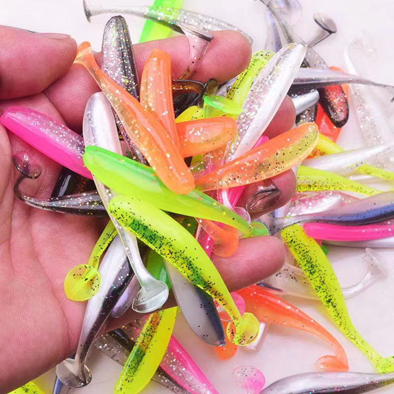 10pcs /bag Soft Lures T Tail 1.2g /5.5cm 2g /7cm 4.2g /9cm Double Color Paddle Tail Swimbaits Worm Lures Jalan Sub Umpan Untuk Memancing Ikan Trout Redfish