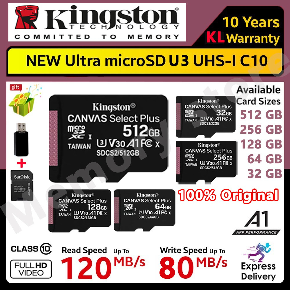 Kingston flash Memory card 128GB 64GB 32GB 16GB Kartu Micro SD Class10 UHS-1 8G C4 Microsd TF/SD car