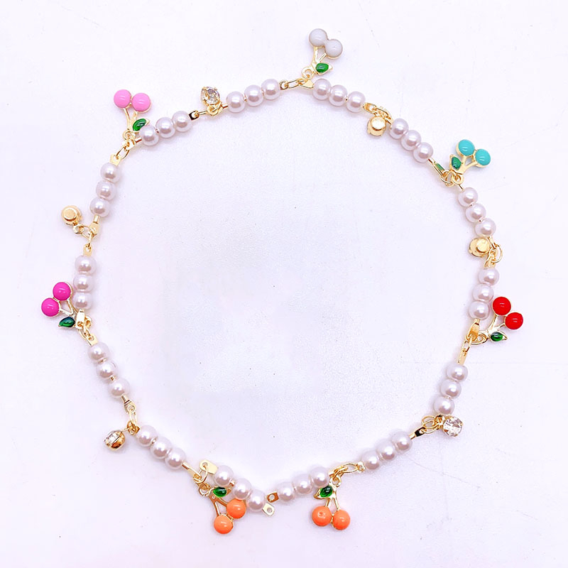 25cmcharming Stainless Steel Bunga Mutiara Warna-Warni Menjatuhkan Minyak Cherry Zirkon Liontin Gelang Kaki Rantai DIY Perhiasan