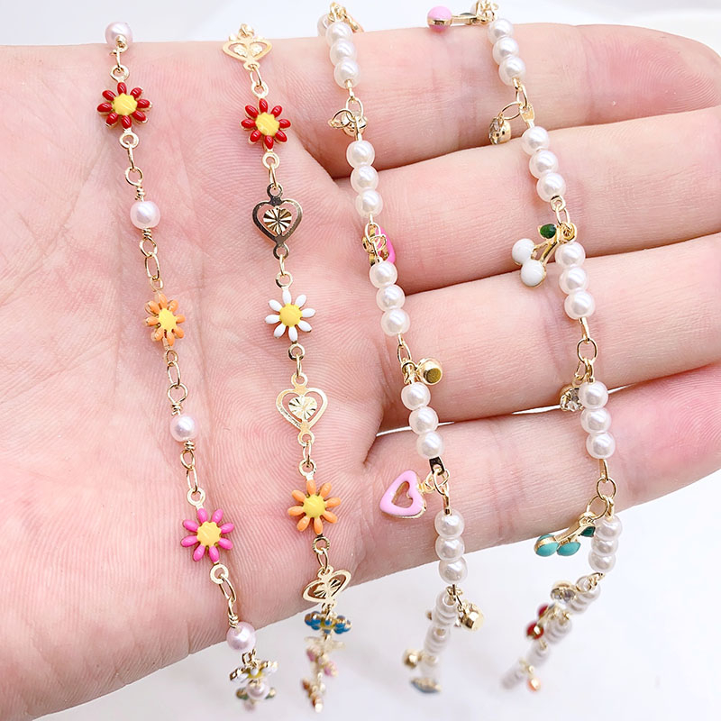 25cmcharming Stainless Steel Bunga Mutiara Warna-Warni Menjatuhkan Minyak Cherry Zirkon Liontin Gelang Kaki Rantai DIY Perhiasan