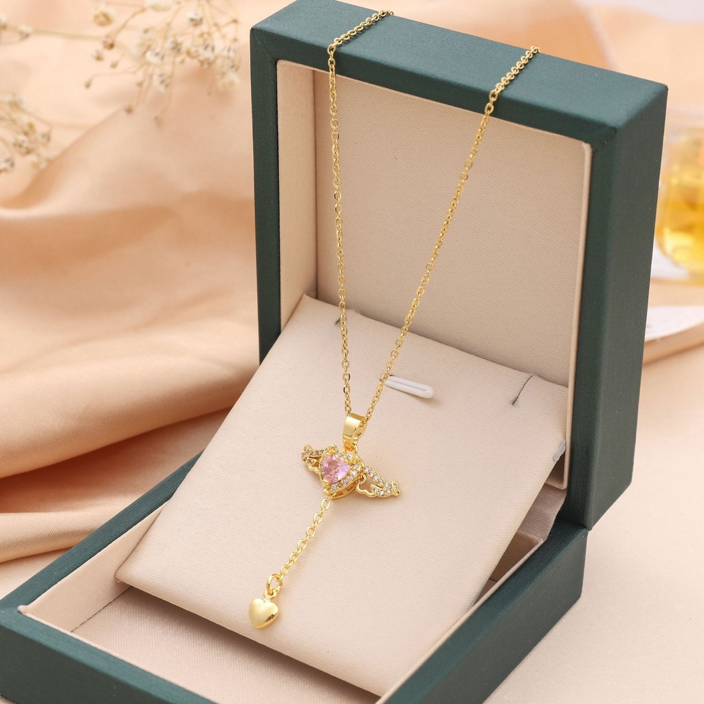 Pandora Kalung925 Perak Pink Cubic Zirconia Sayap Malaikat Cinta Hati Liontin Kalung Aksesoris Wanita Gadis Fashion Hadiah Perhiasan