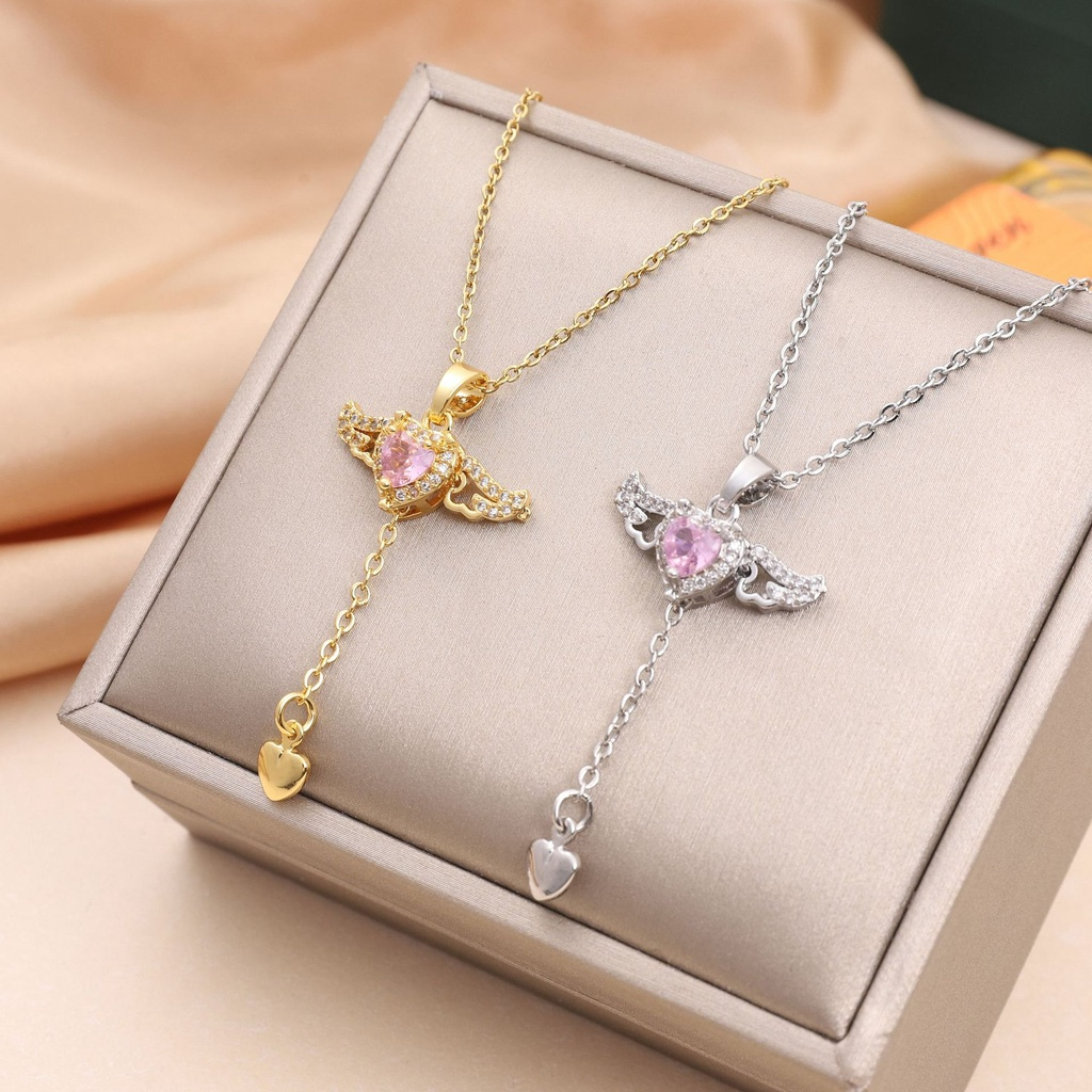 Pandora Kalung925 Perak Pink Cubic Zirconia Sayap Malaikat Cinta Hati Liontin Kalung Aksesoris Wanita Gadis Fashion Hadiah Perhiasan