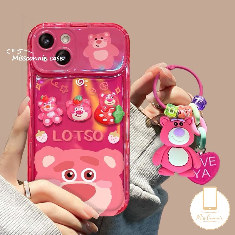 Flip Make Up Mirror Case Untuk Oppo A57 A12 A7 A15 A15s A3s A5s A53 A9 A5 A31 A33 2020 A77 A35 A77S A11K Rose Red Kartun Lucu Strawberry Bear Manyo Shockproof Soft Phone Cover