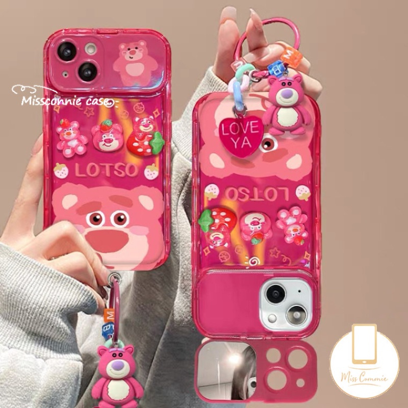 Flip Make Up Mirror Case Untuk Oppo A57 A12 A7 A15 A15s A3s A5s A53 A9 A5 A31 A33 2020 A77 A35 A77S A11K Rose Red Kartun Lucu Strawberry Bear Manyo Shockproof Soft Phone Cover