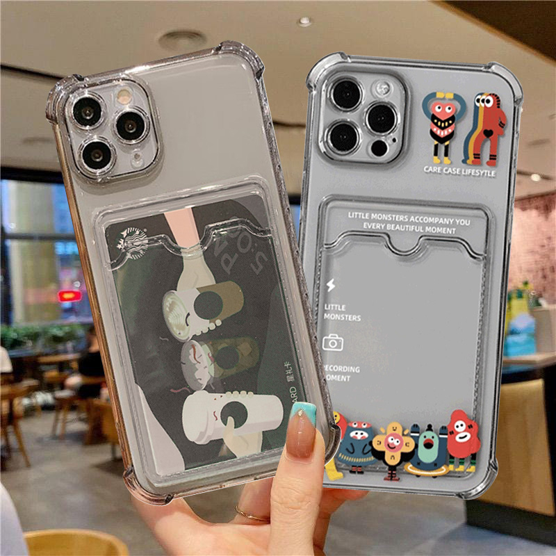 IPHONE Casing Dompet Tembus Card Holder Case Kompatibel Untuk Iphone6 6s 7 8 Plus 11 12 13 14 Pro Max SE 2020 XR X XS Max Cute Little Monster Card Holder Shockproof Phone Back Cover