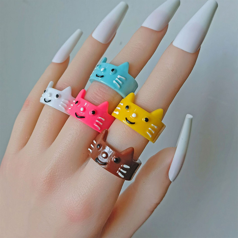 【Bayar di tempat】Cincin Akrilik Resin Kucing Lucu Cincin Tiga Dimensi Kartun Hewan Kecil