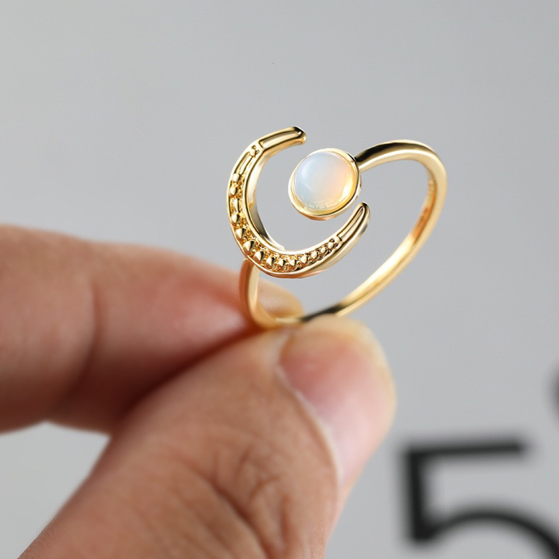 Fashion Moon Sun Ring Moonstone Cincin Terbuka Dapat Disesuaikan Untuk Wanita Perhiasan Aksesori Hadiah