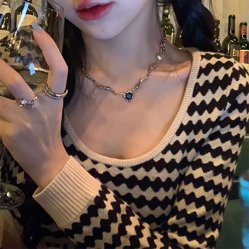 【Bayar di tempat】Fashion Cinta Ganda Batu Permata Kalung Untuk Wanita Vintage Perak Choker Rantai Liontin Perhiasan Aksesoris