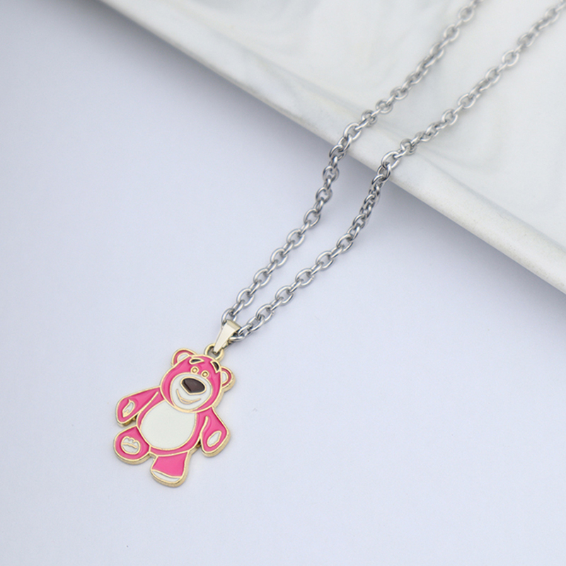 【Bayar di tempat】Cute Pink Strawberry Bear Necklace Kalung Perhiasan Wanita Liontin Pakaian Gadis Fashion Liontin