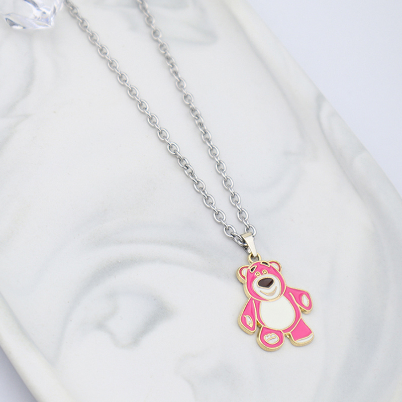 【Bayar di tempat】Cute Pink Strawberry Bear Necklace Kalung Perhiasan Wanita Liontin Pakaian Gadis Fashion Liontin