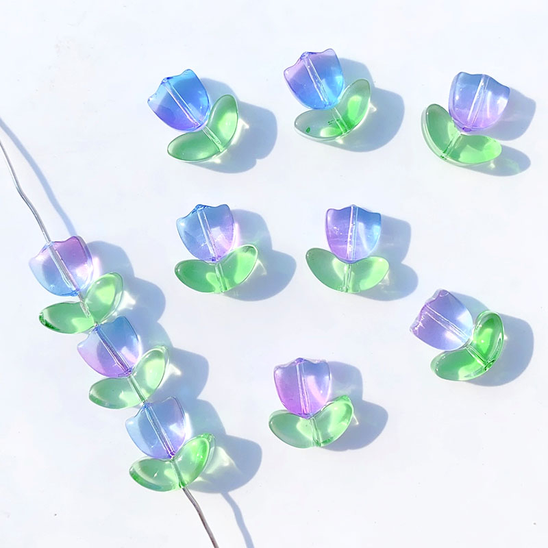 10daun Dan 10bunga Warna-Warni Gradien Kaca Kelopak Tulip Manik-Manik Gelang Perhiasan DIY Gelang Anting Perhiasan