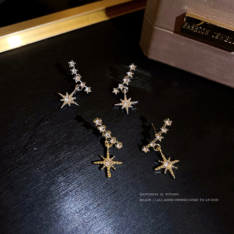 Anting Bintang pentagram Berlian Berkilau Untuk Wanita Aksesoris fashion Korea