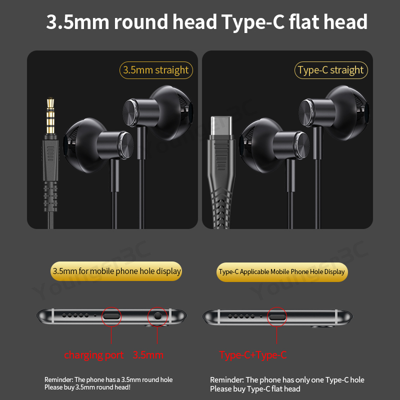 Satu Klik Untuk Mematikan Mikrofon Tuning Earphone Kabel 3.5mm Type-c In Ear Wired Headset Earbud Kontrol Volume Untuk Game Live Streaming Konferensi