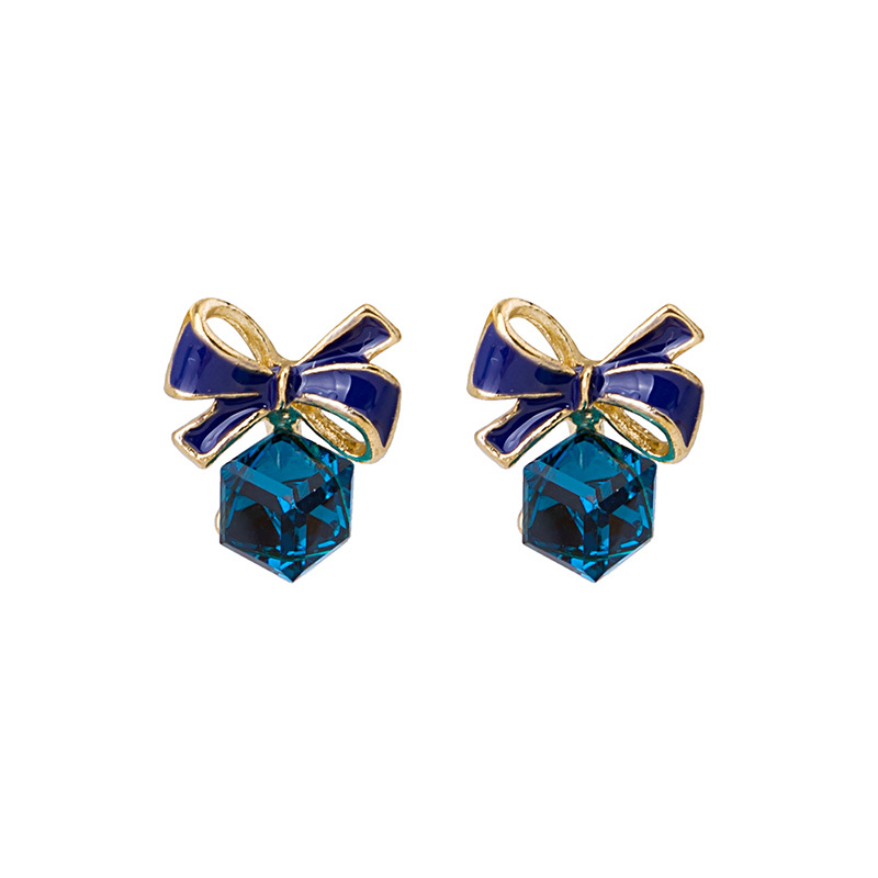 Anting Busur Biru Kristal Sintetis Aksesoris Korea Wanita