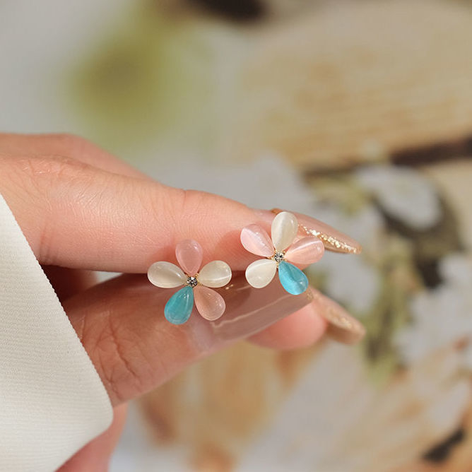 Anting Bunga opal Lucu Untuk Wanita Korea Lima Kelopak Kecil Aksesoris