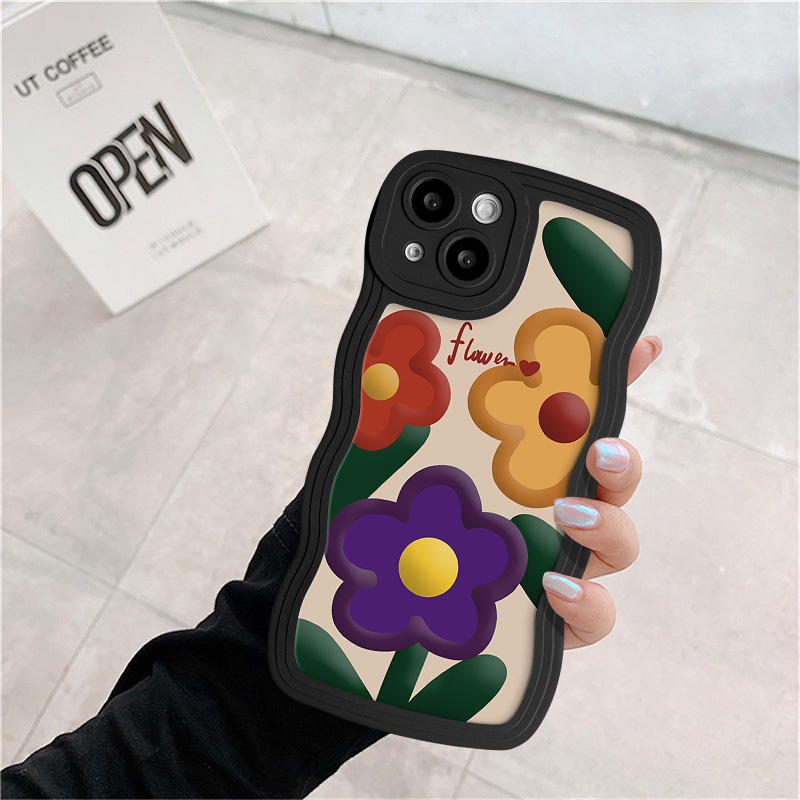 Casing Tepi Bergelombang Realme C55 C53 10 C21Y C12 C25 C35 C11 C15 C25s C25Y C3 Realme 5s 5 5i 6i C20 C20A C1 Lukisan Minyak Bunga Soft TPU Case Full Tutup Belakang