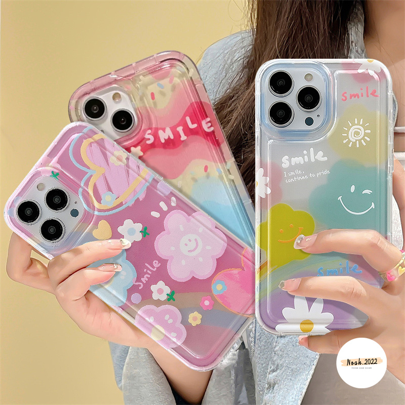 Shockproof Airbag Case Kompatibel Untuk iPhone 11 Pro MAX XR 78 6 6S Plus 14 12 13 Pro MAX X XS MAX SE Ins Cute Smile Fresh Cloud Love Heart Watercolor Flower Soft TPU Back Cover